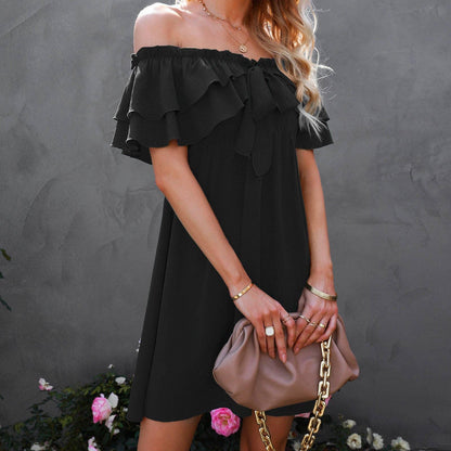 Off Shoulder Ruffle Tie Trim Dress - Southern Sassy Boutique