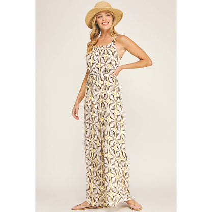 Tie Waist Wide Leg Jumpsuit with Bead Detail