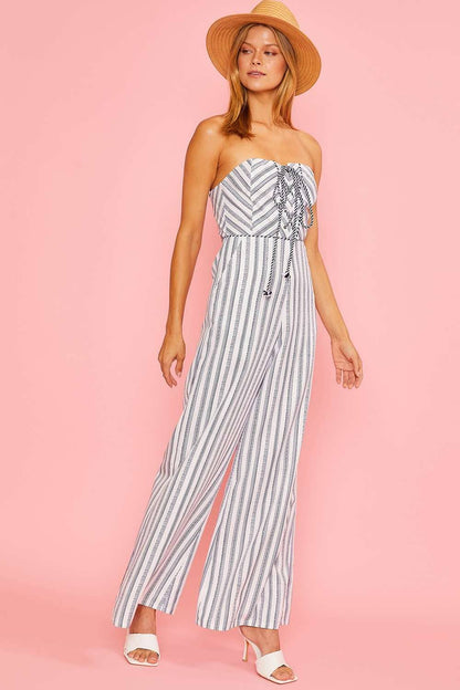 Strapless Front Cross Tie Stripe Jumpsuit
