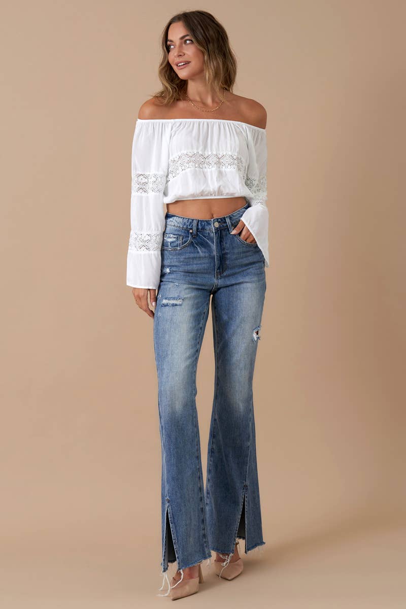High Rise Front Slit Flare Distressed Denim