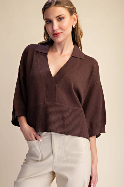 Collar V-Neck Dropped Shoulder Sweater