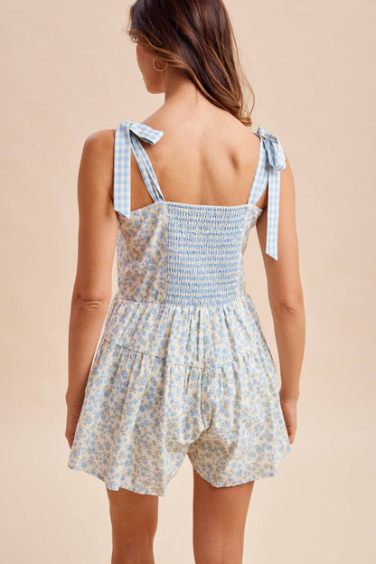 Floral Gingham Tie-Shoulder Romper