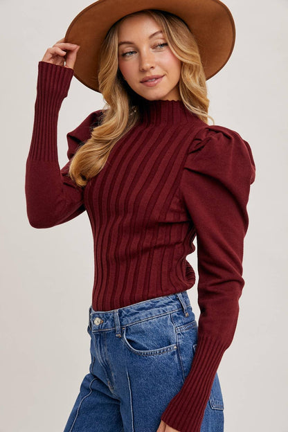 MOCK NECK PUFF SLEEVED KNIT TOP - Southern Sassy Boutique