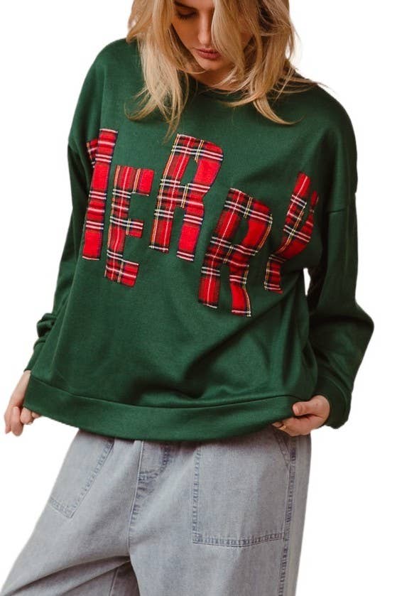Plaid Merry Lettering Christmas Fleece Sweatshirt