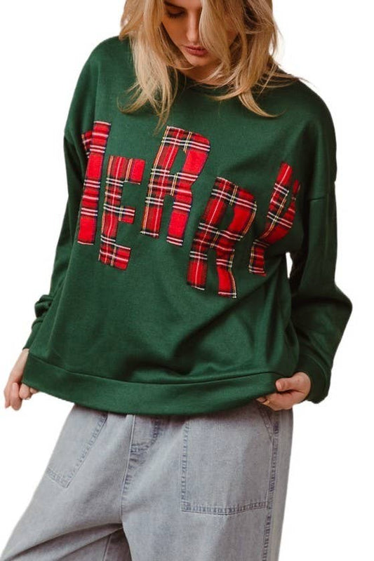 Plaid Merry Lettering Christmas Fleece Sweatshirt