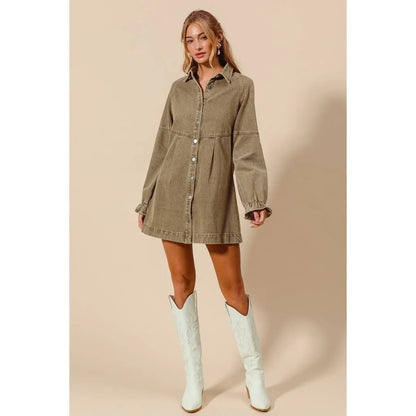 Washed Color Denim Button Down Shirt Mini Dress - Southern Sassy Boutique