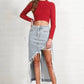 High Rise Distressed Denim Maxi Skirt