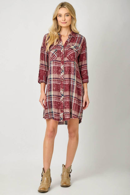 Washed Plaid Shirt Dress - Southern Sassy Boutique