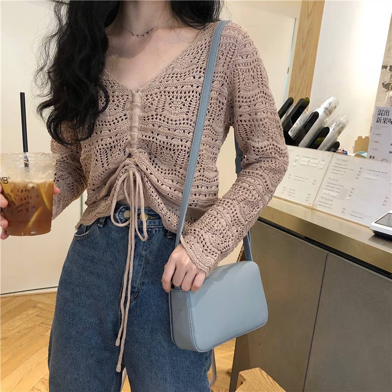 Hollow Knit Drawstring Pullover