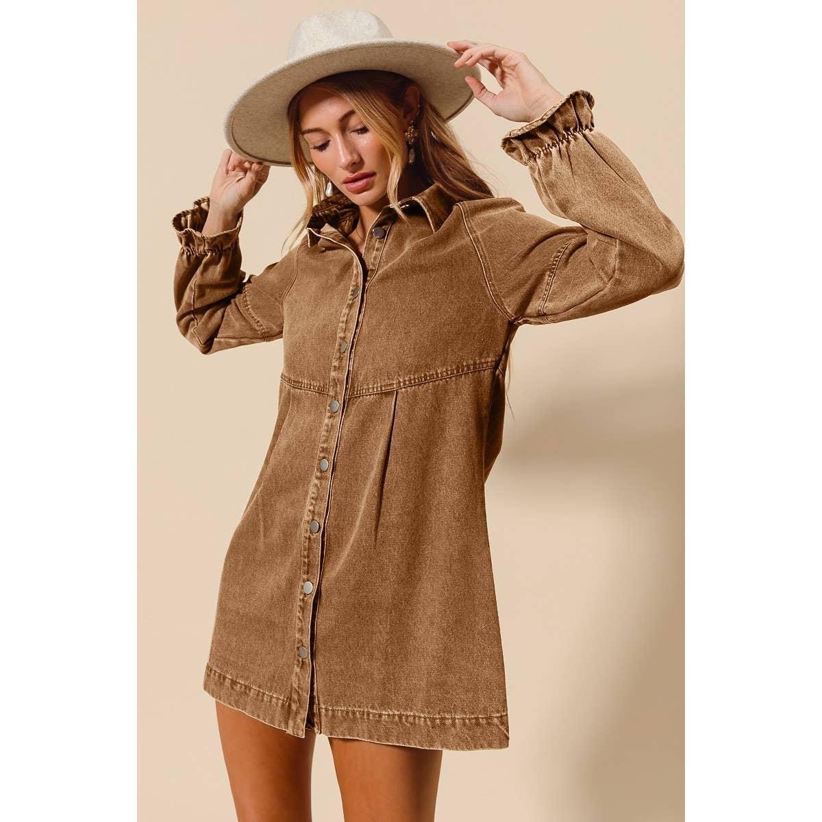 Washed Color Denim Button Down Shirt Mini Dress - Southern Sassy Boutique