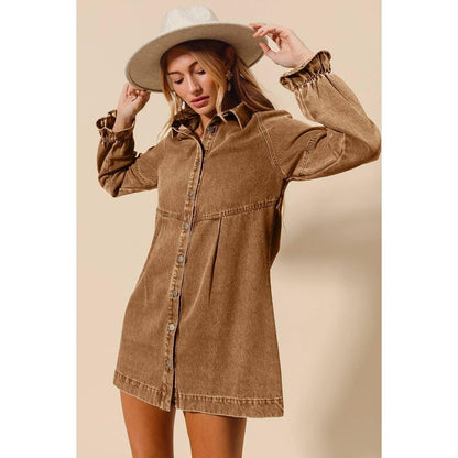 Washed Color Denim Button Down Shirt Mini Dress - Southern Sassy Boutique