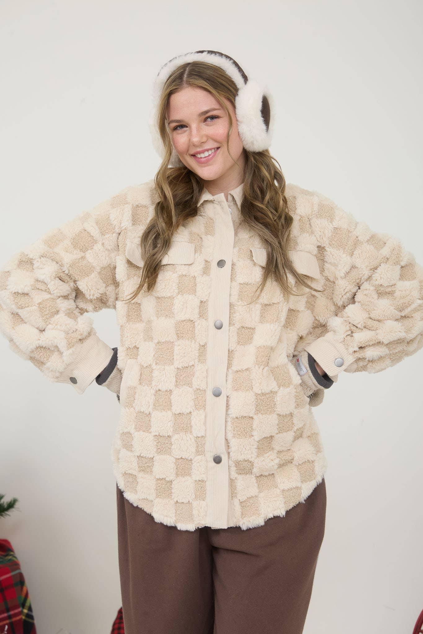 CHECKERED FAUX SHEARLING BUTTON DOWN SHACKET - Southern Sassy Boutique