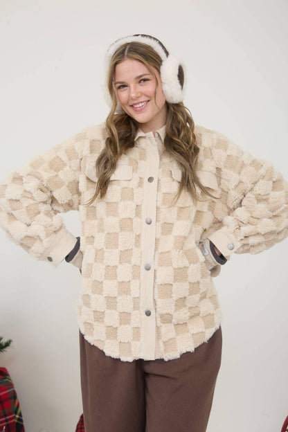 CHECKERED FAUX SHEARLING BUTTON DOWN SHACKET - Southern Sassy Boutique