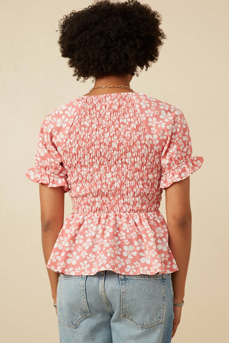 Floral Print V Neck Smocked Panel Top