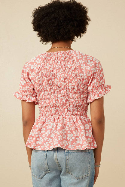 Floral Print V Neck Smocked Panel Top