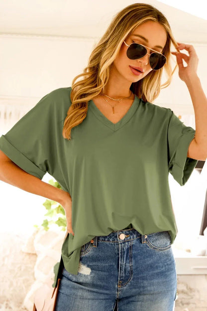 Short Roll-Up V-Neck Casual Knit Top - Southern Sassy Boutique