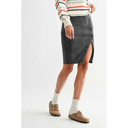 Washed Dark Grey Button Slit High-rise Denim Skirt