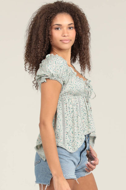 Lace Trim Ditsy Print Blouse