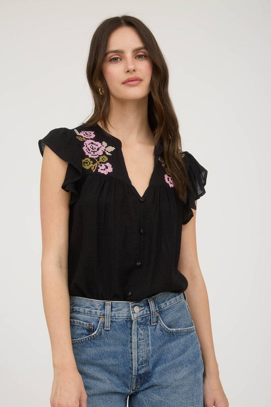 FLORAL EMBROIDERY BUTTON DOWN SHORT SLEEVE TOP - Southern Sassy Boutique