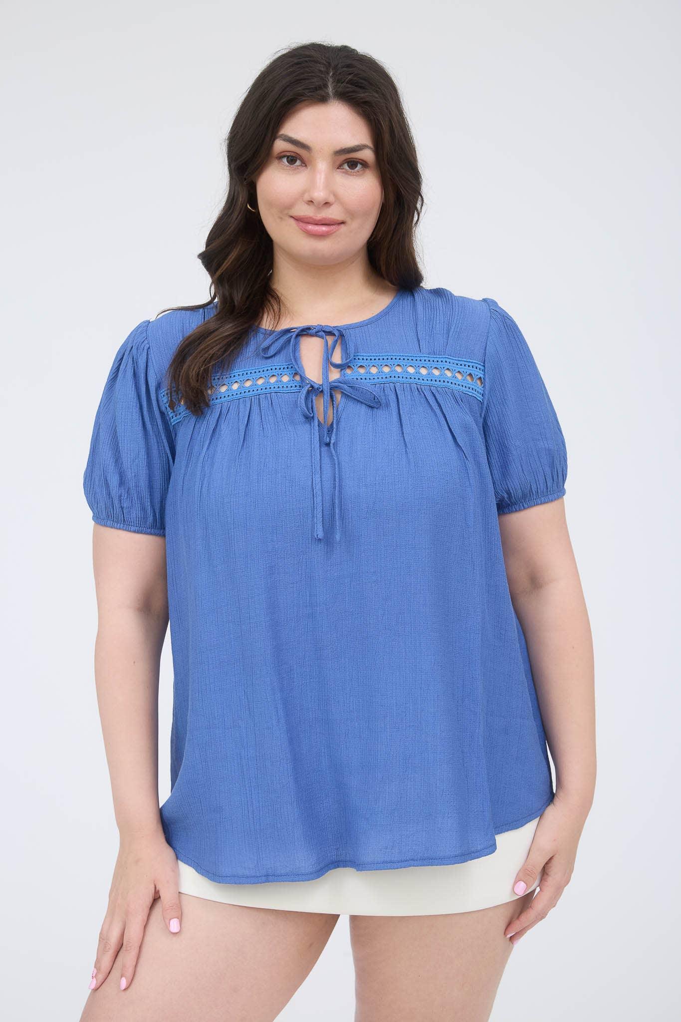 PLUS EYELET LACE TRIM DOUBLE FRONT TIE TOP - Southern Sassy Boutique