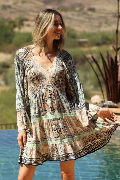 Floral Mint Long Sleeve Bodice Lace Time Dress