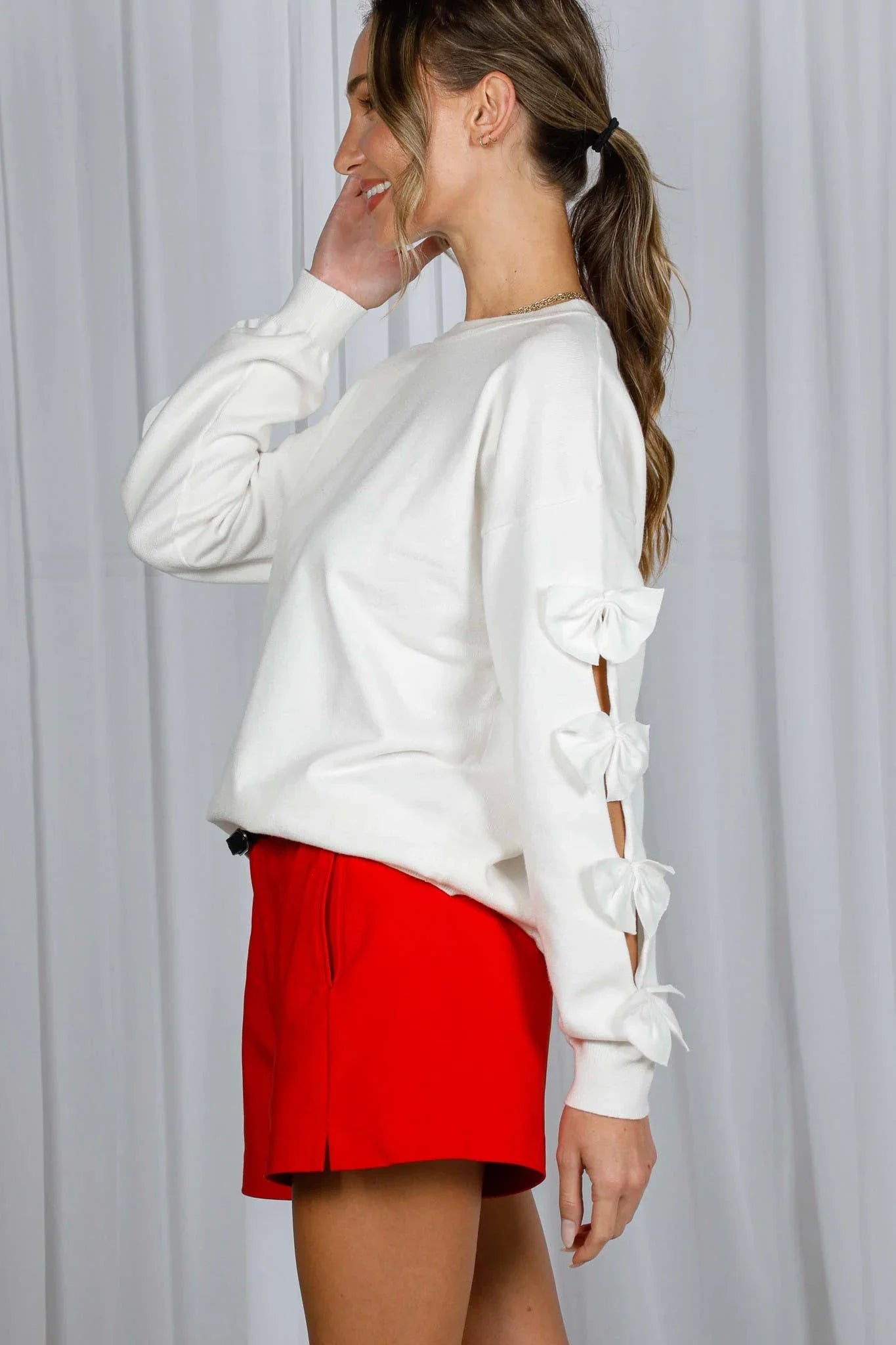 Bow Embellished Long-Sleeve Crew Neck Knit Sweater VT82605- - Southern Sassy Boutique