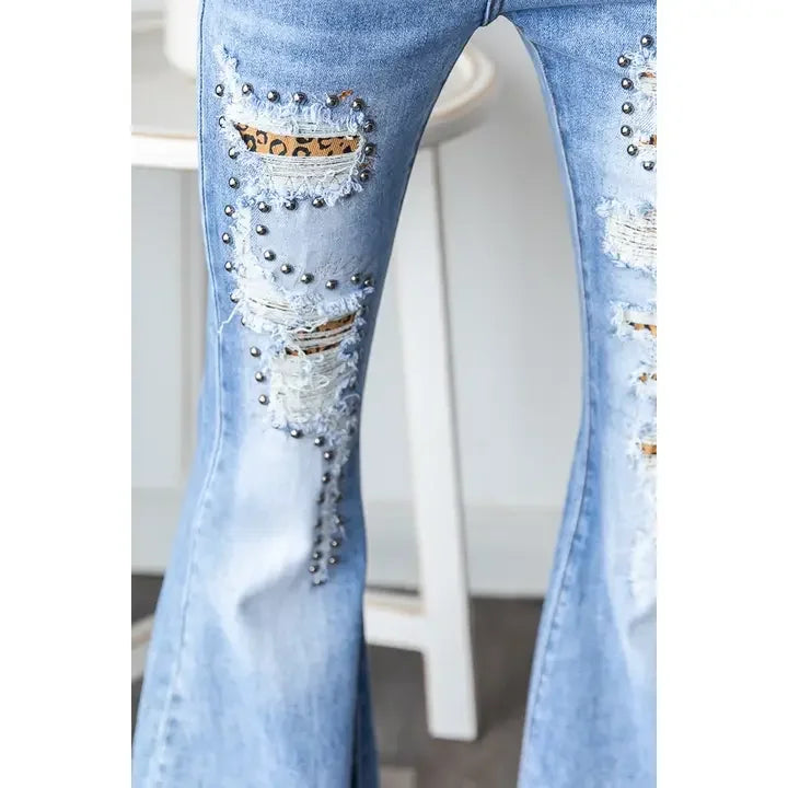 Stretchy Flare Studded Denim - Southern Sassy Boutique