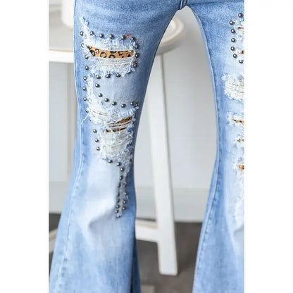 Stretchy Flare Studded Denim - Southern Sassy Boutique