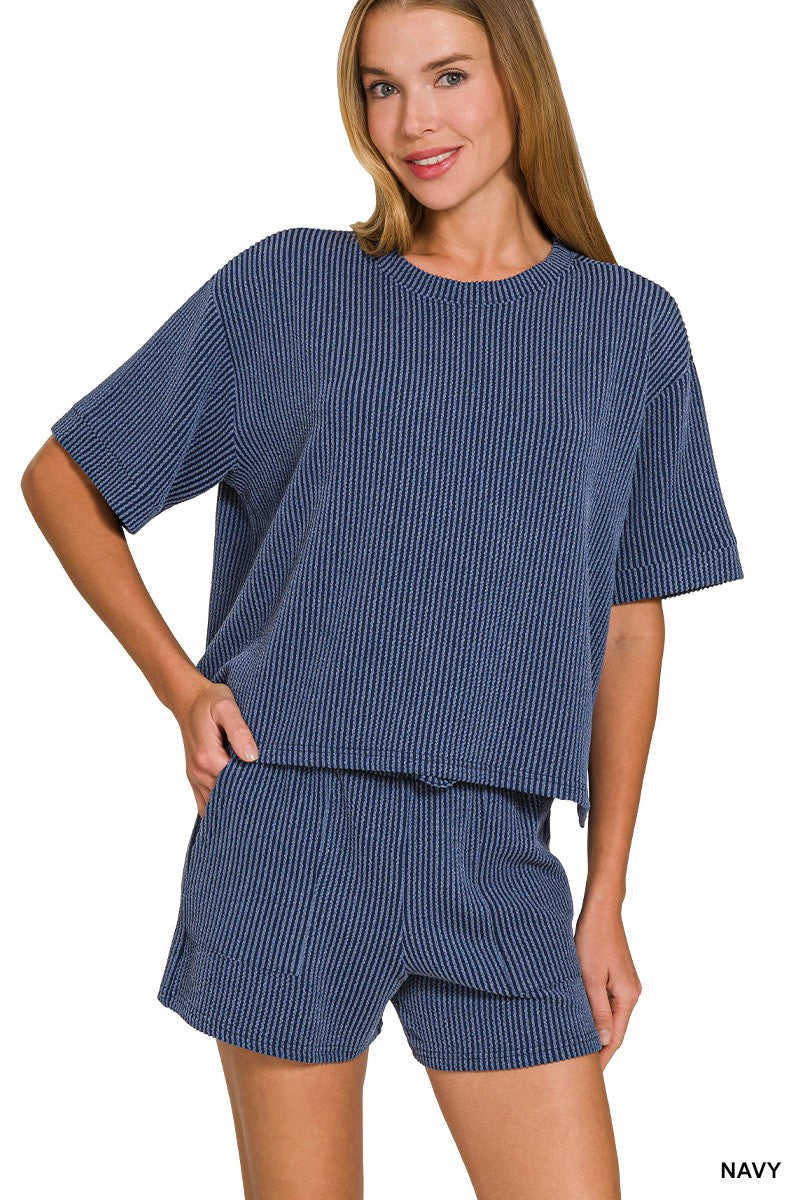 Ribbed Half Sleeve Tee & Short Pants 2PC Set