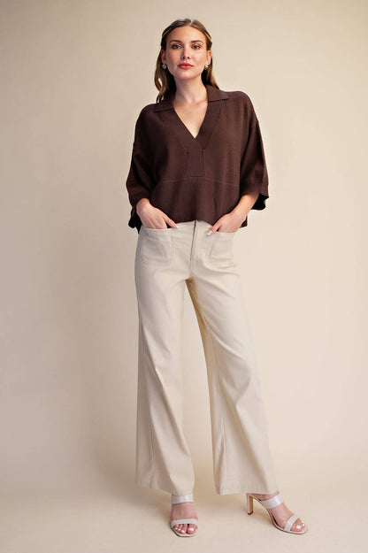 Collar V-Neck Dropped Shoulder Sweater