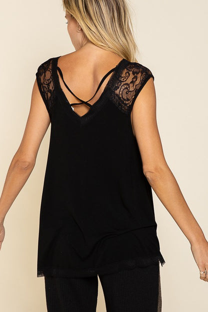 Short Sleeve Lace V-Neck Solid Top