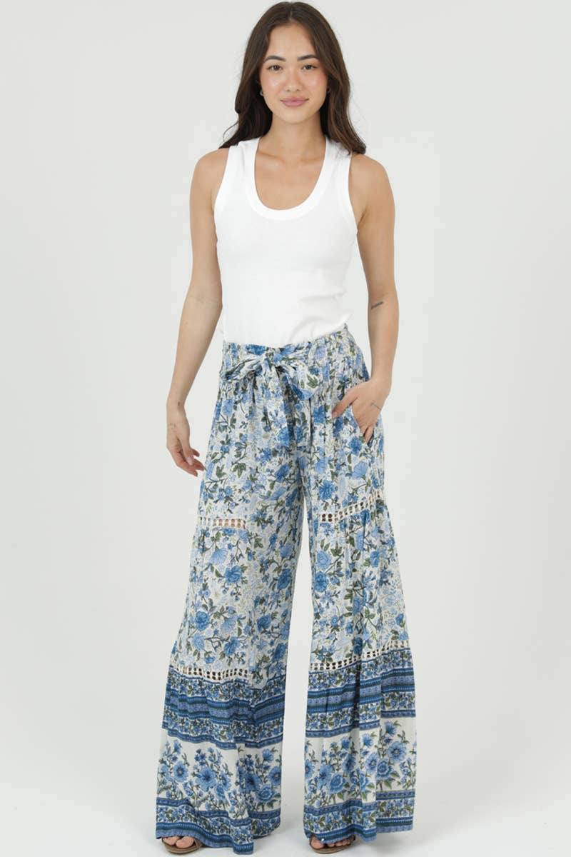 Boho Printed Wide Leg Tie Waist Pants with Lace