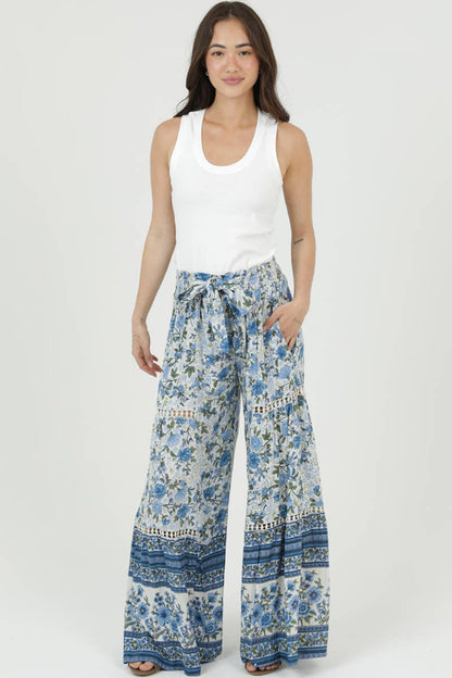 Boho Printed Wide Leg Tie Waist Pants with Lace