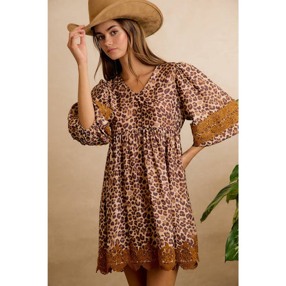 Leopard V-Neck Dress with Lace Trim