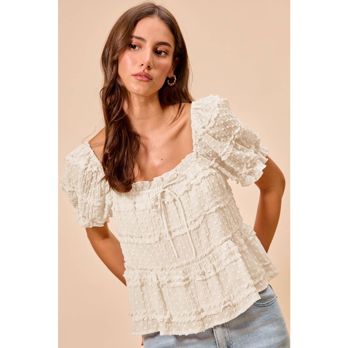 TEXTURED CLIP DOT RUFFLE SHORT SLEEVES BLOUSE TOP