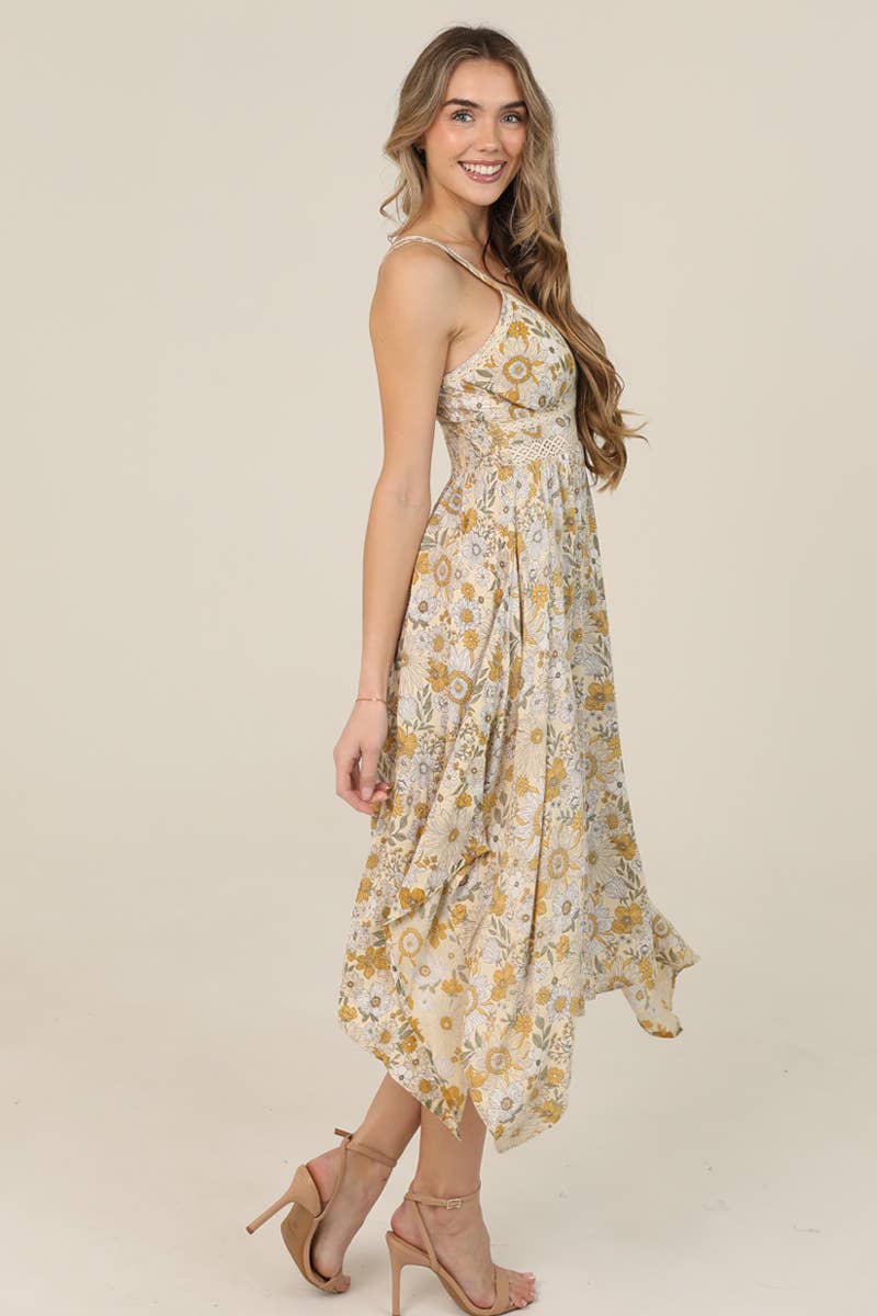 Boho Daisy Print Lace Trim Hanky Midi Dress