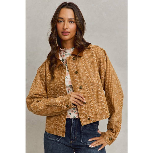 Floral Pattern Twill Corduroy Collar Denim Jacket