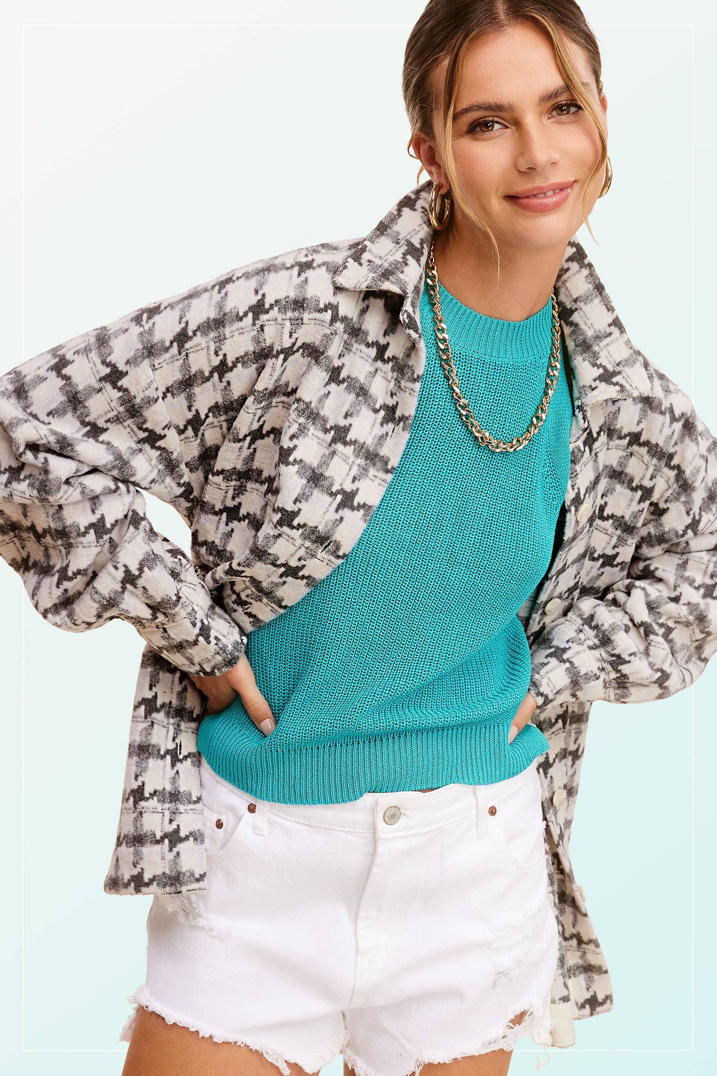 Oversized Houndstooth Patterned Soft Brushed Shacket
