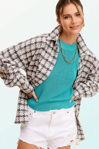 Oversized Houndstooth Patterned Soft Brushed Shacket