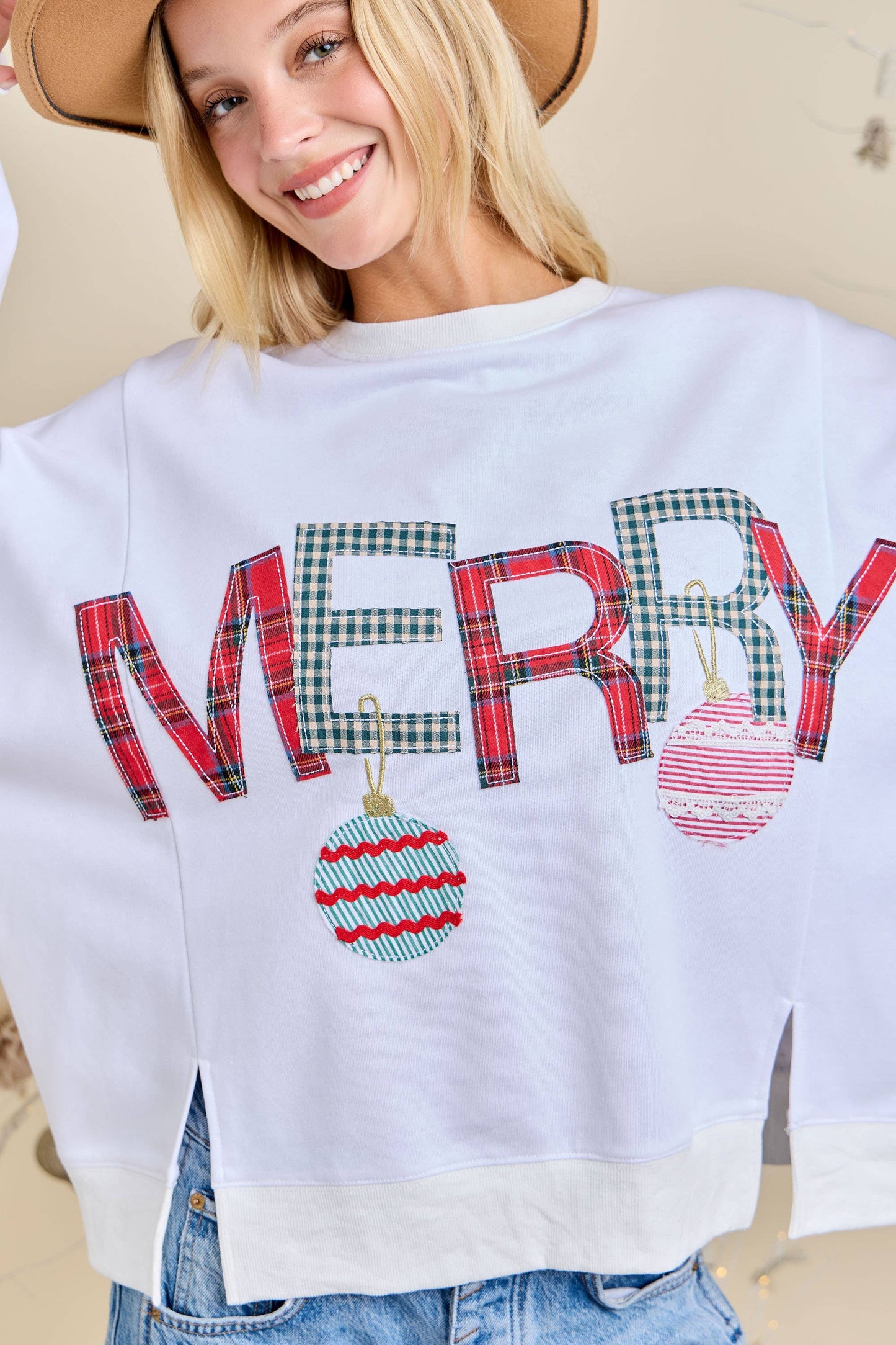 Merry With Ornament Patchwork Oversized Long Sleeve Top - Southern Sassy Boutique