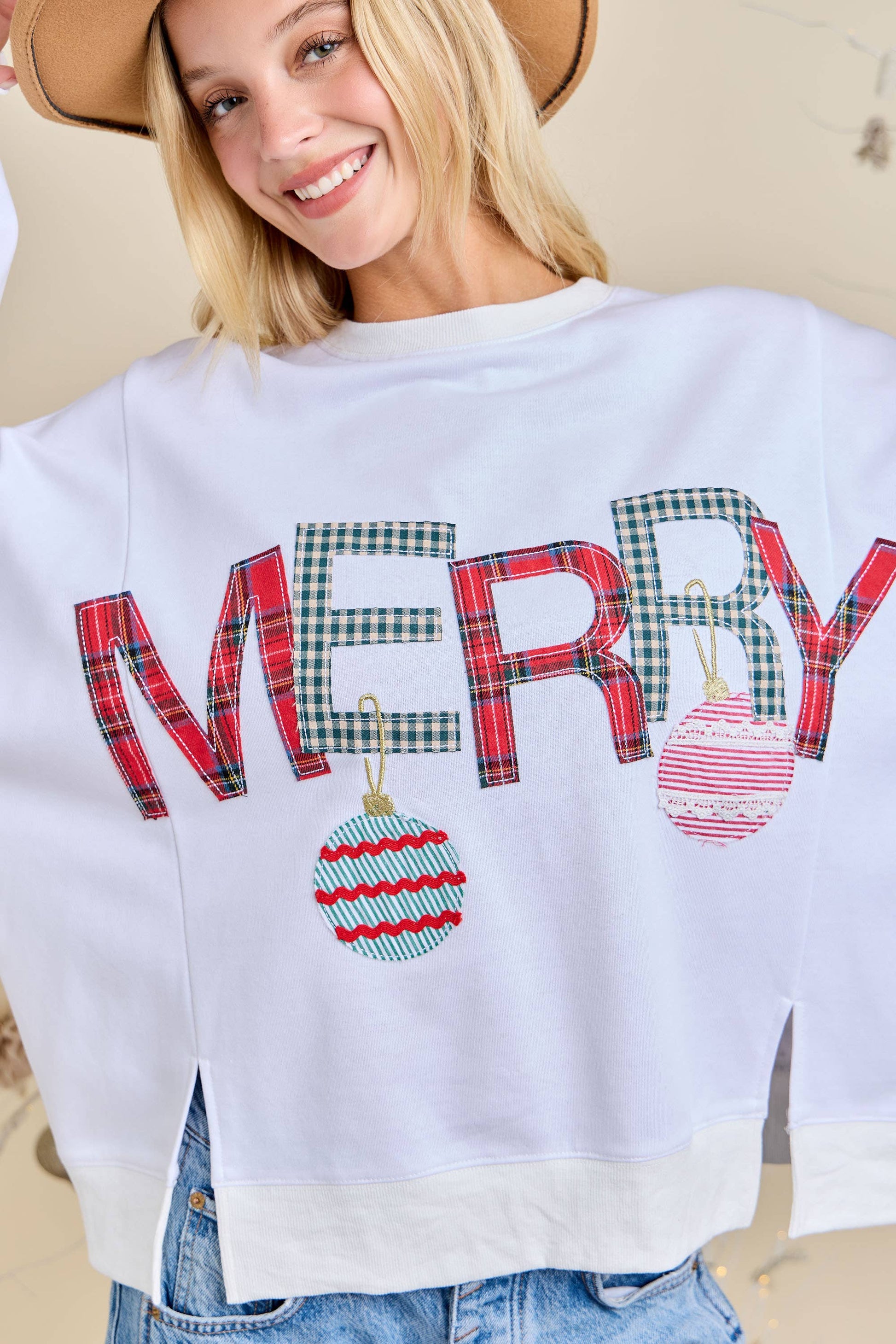 Merry With Ornament Patchwork Oversized Long Sleeve Top - Southern Sassy Boutique