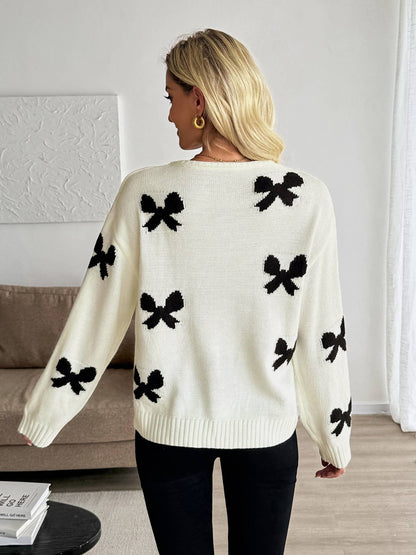 Bow Tie Front Bow Print Open Knit Sweater SZ29-SW5413 - Southern Sassy Boutique