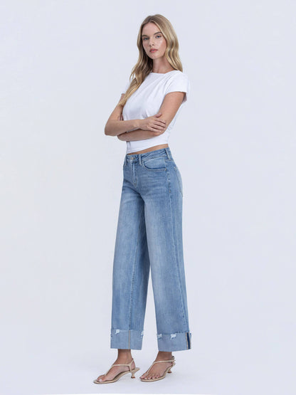 HIGH RISE MEDIUM WASH CUFFED WIDE JEANS LV1604