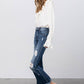 High Stretch Mid Rise Frayed Hem Distressed Crop Flare Jeans