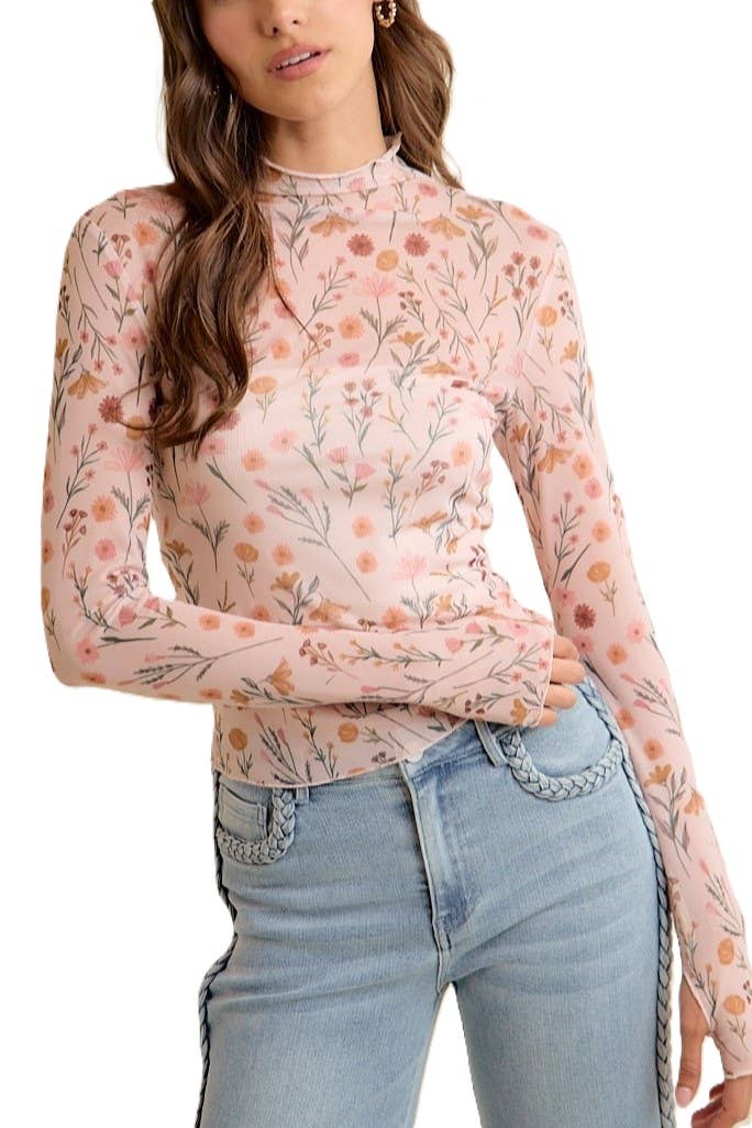 Floral Print Mesh Knit Long Sleeve Top