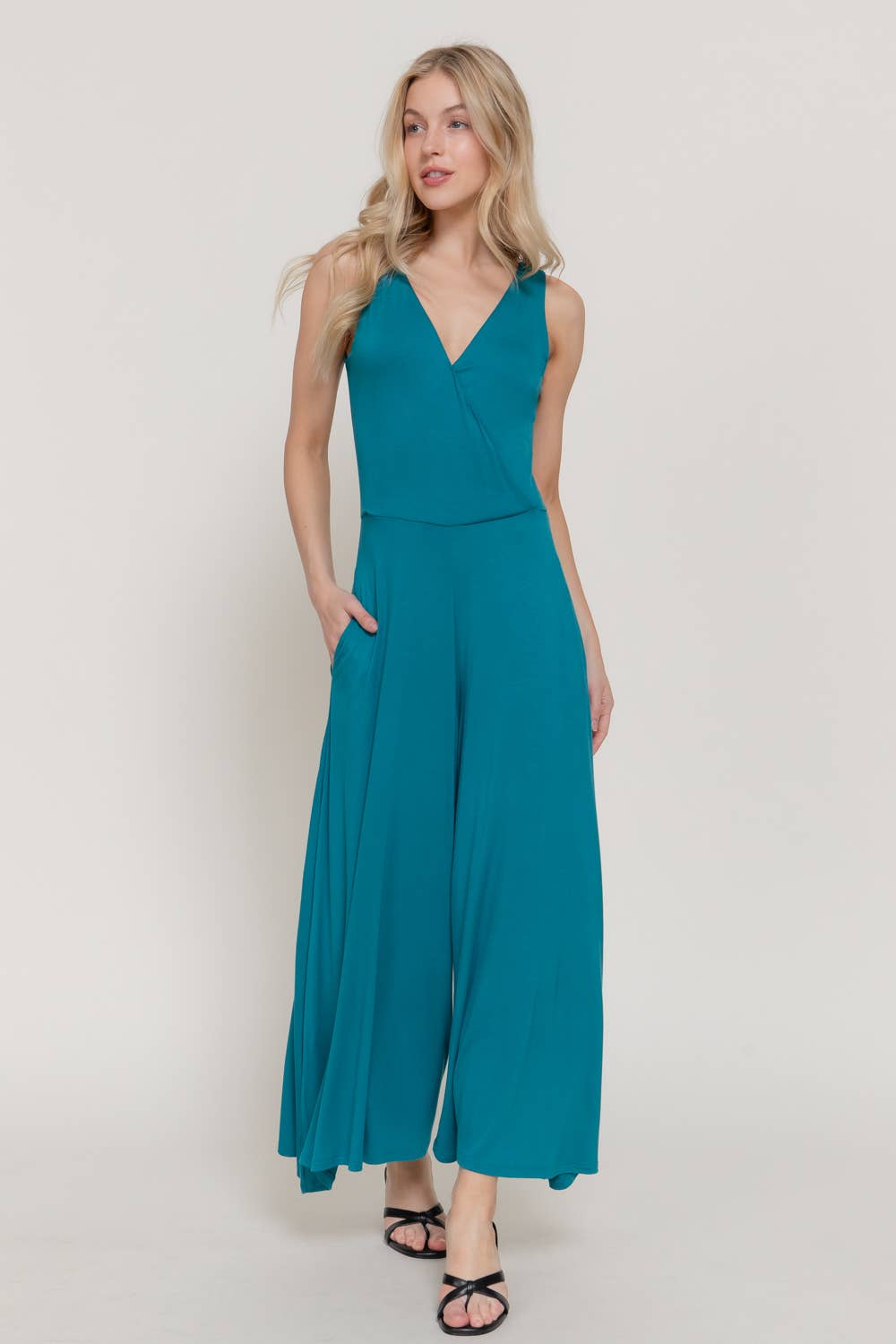 Double V Neck Surplice Knit Jumpsuit w/ Side Pocket