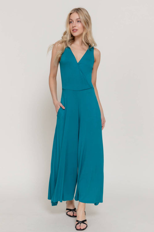 Double V Neck Surplice Knit Jumpsuit w/ Side Pocket