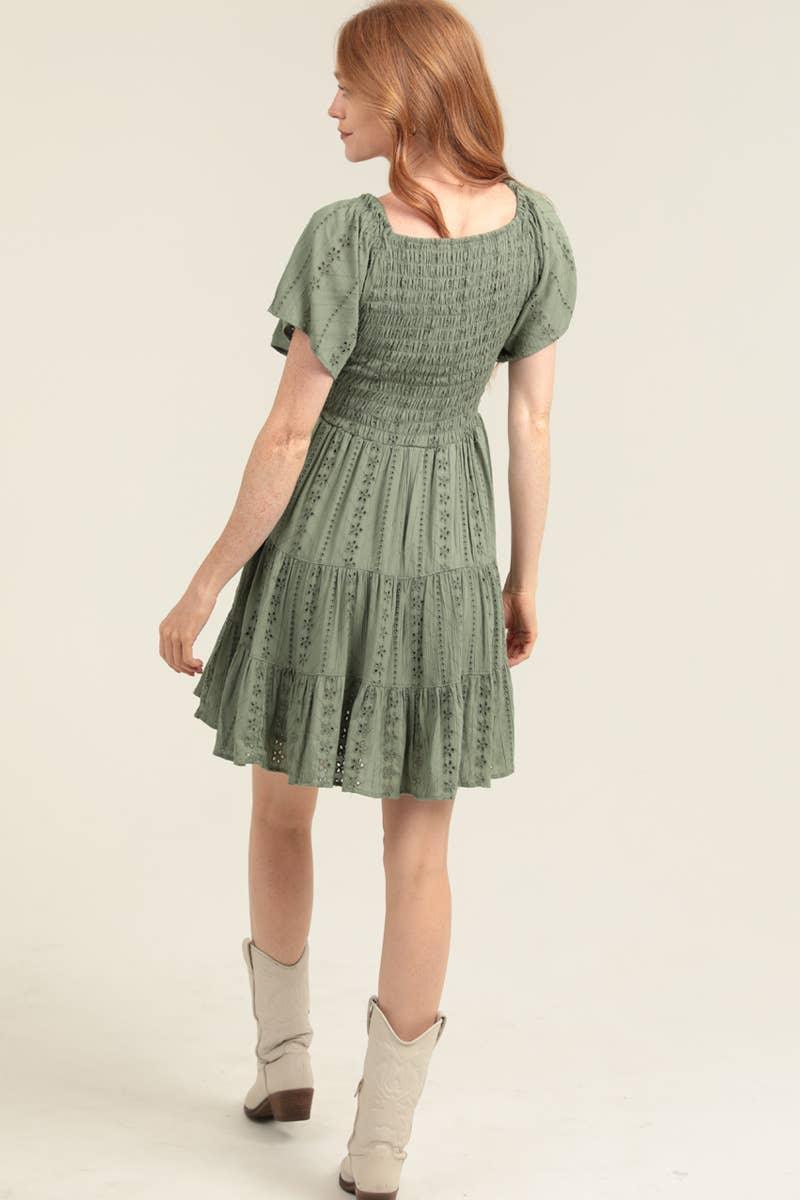 V NECK SMOCKED BODICE EYELET EMBROIDERED DRESS - Southern Sassy Boutique