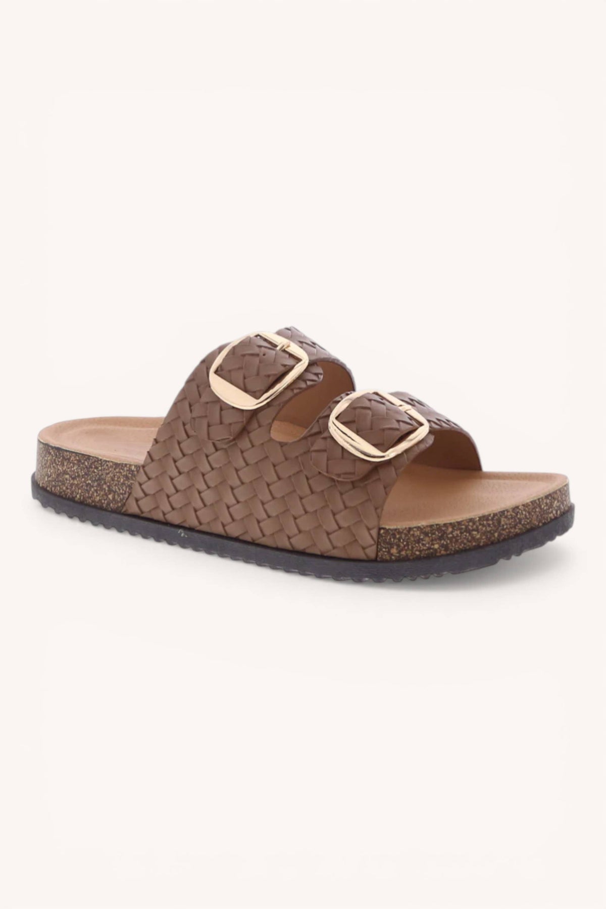 Woven Double Strap Slide Sandals Adjustable Buckle
