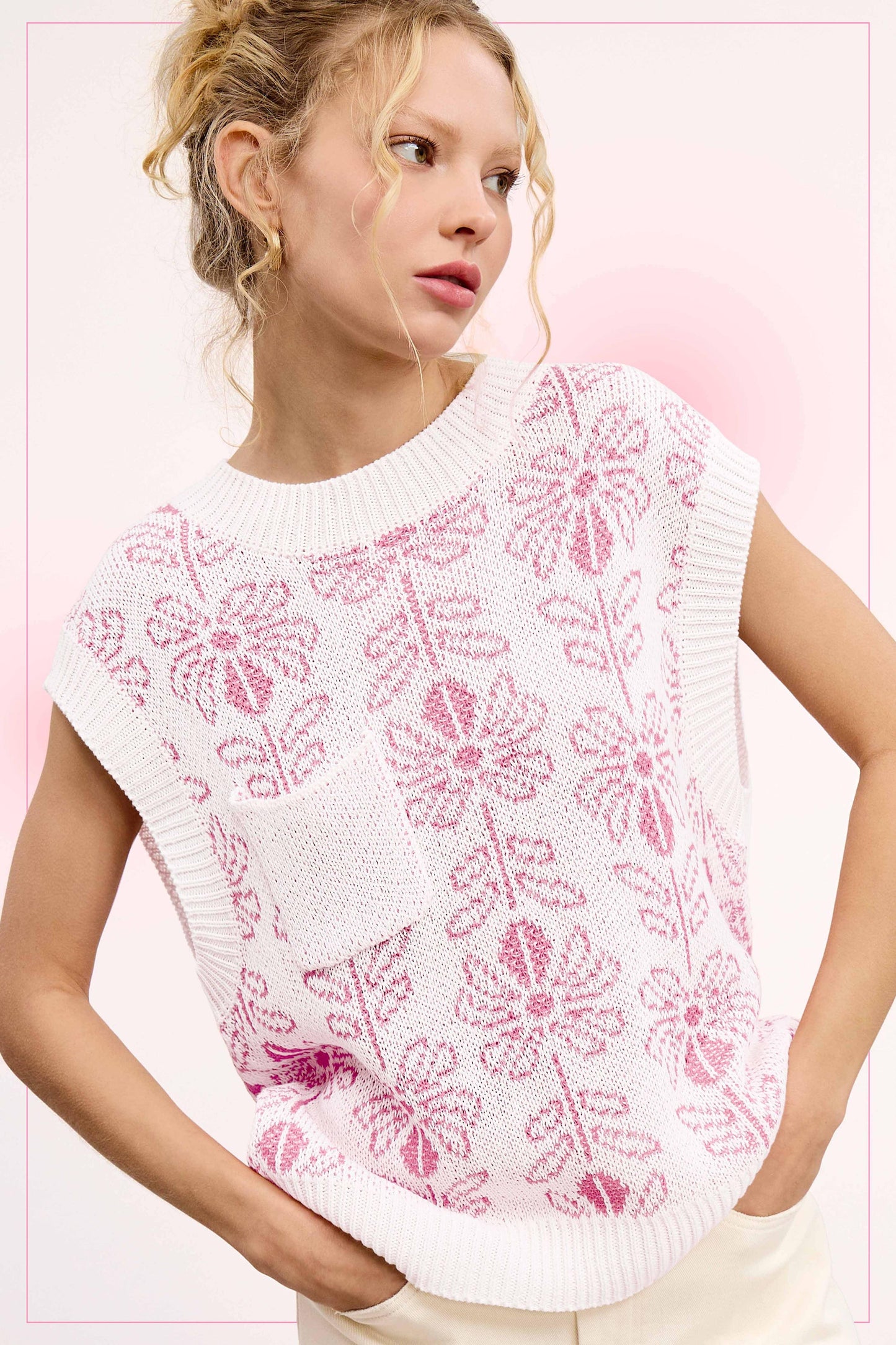 Floral Pattern Sleeveless Sweater Vest Top - Southern Sassy Boutique